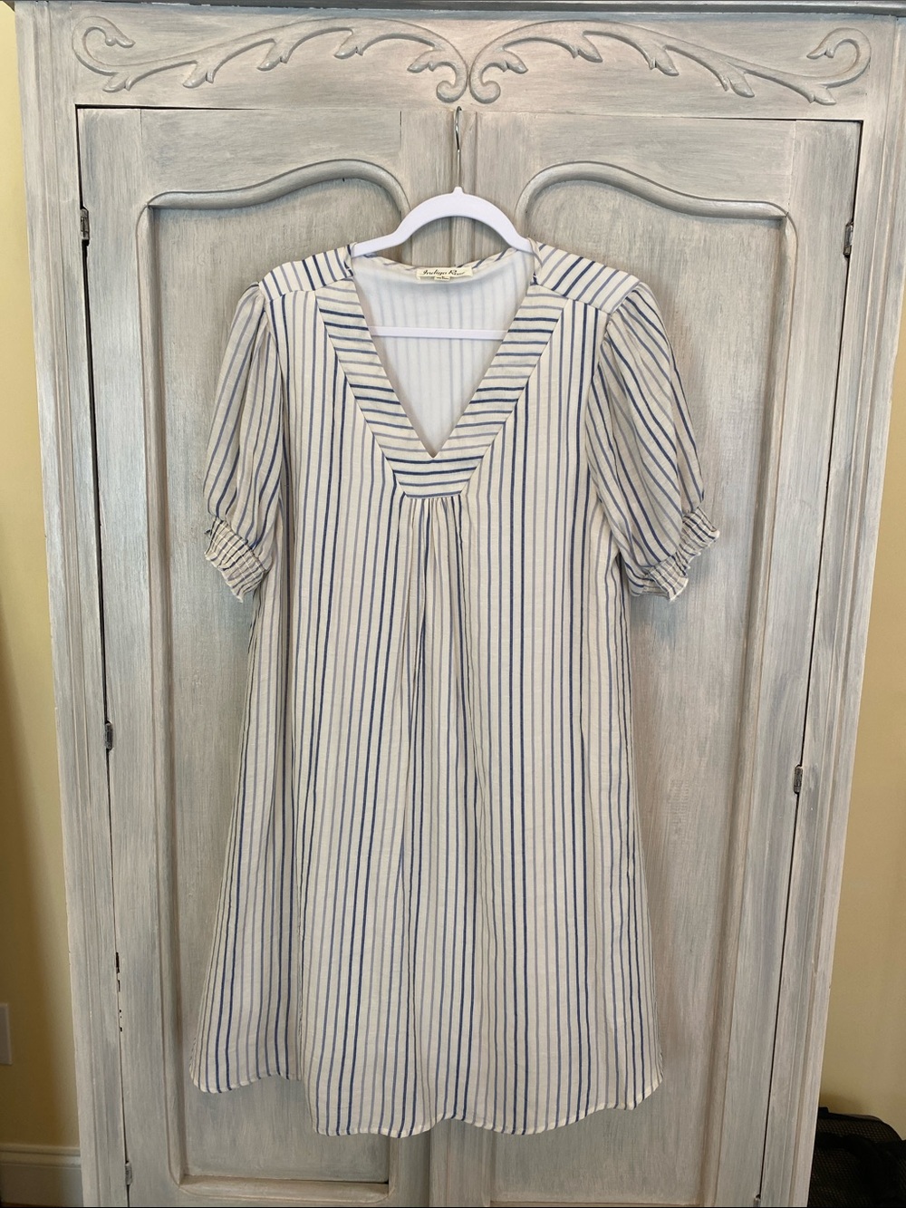 Striped V-Neck Midi Dress in Blue and White